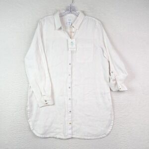 NWT Sigrid Olsen Tunic Shirt Sz Medium 100% Linen Button Up White Roll Sleeve